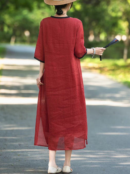 Women Summer Ethnic Flower Linen V-Neck Dress UI1005