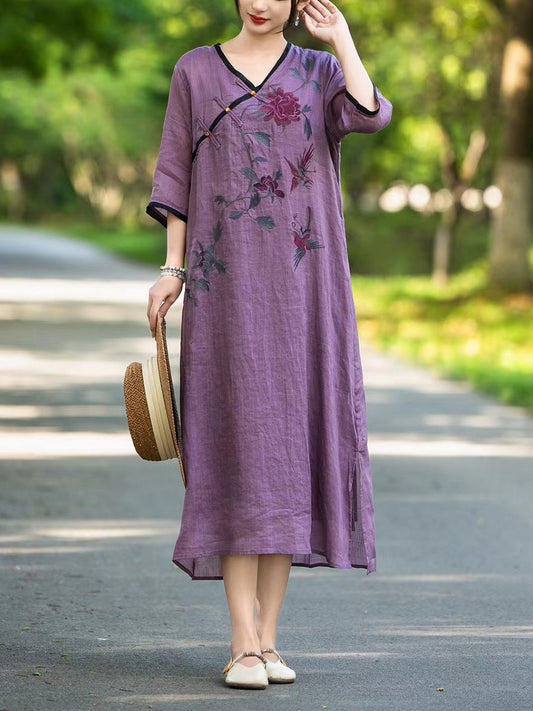 Robe d'été à col en V en lin à fleurs ethniques pour femmes UI1005