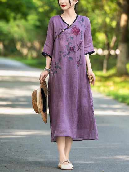 Women Summer Ethnic Flower Linen V-Neck Dress UI1005