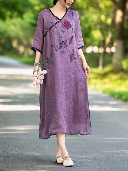 Women Summer Ethnic Flower Linen V-Neck Dress UI1005