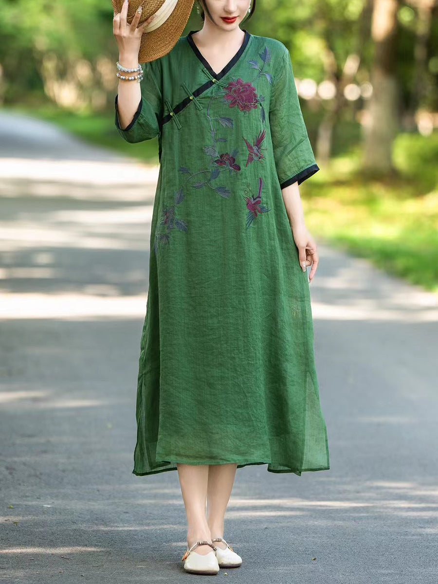 Robe d'été à col en V en lin à fleurs ethniques pour femmes UI1005