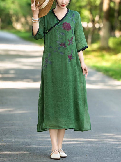 Women Summer Ethnic Flower Linen V-Neck Dress UI1005