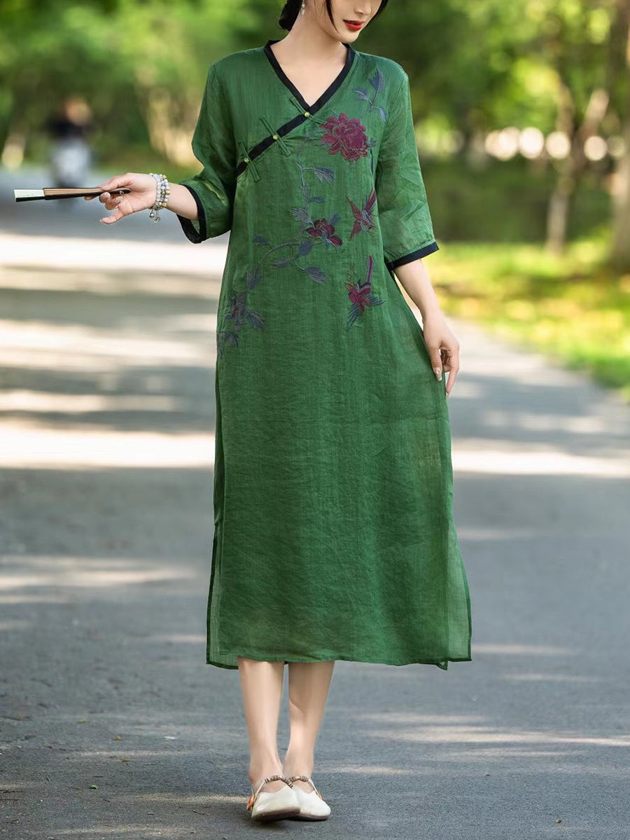 Robe d'été à col en V en lin à fleurs ethniques pour femmes UI1005