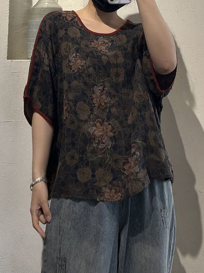 Women Summer Casual Flower Print O-Neck Cotton Shirt UI1009