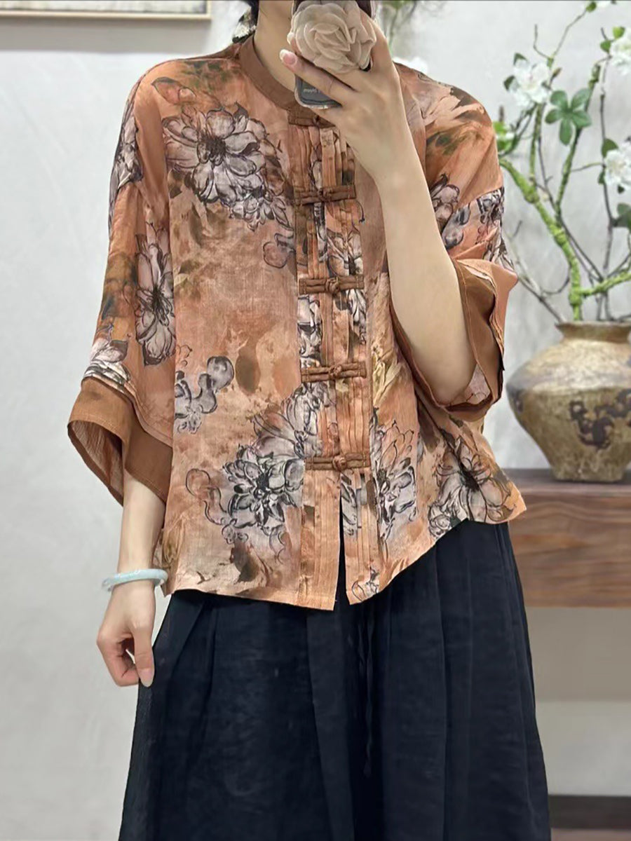 Women Summer Vintage Flower Spliced Button-Up Ramie Shirt IO1008