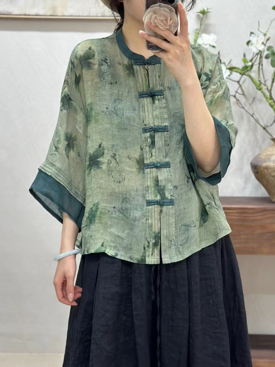 Women Summer Vintage Flower Spliced Button-Up Ramie Shirt IO1008