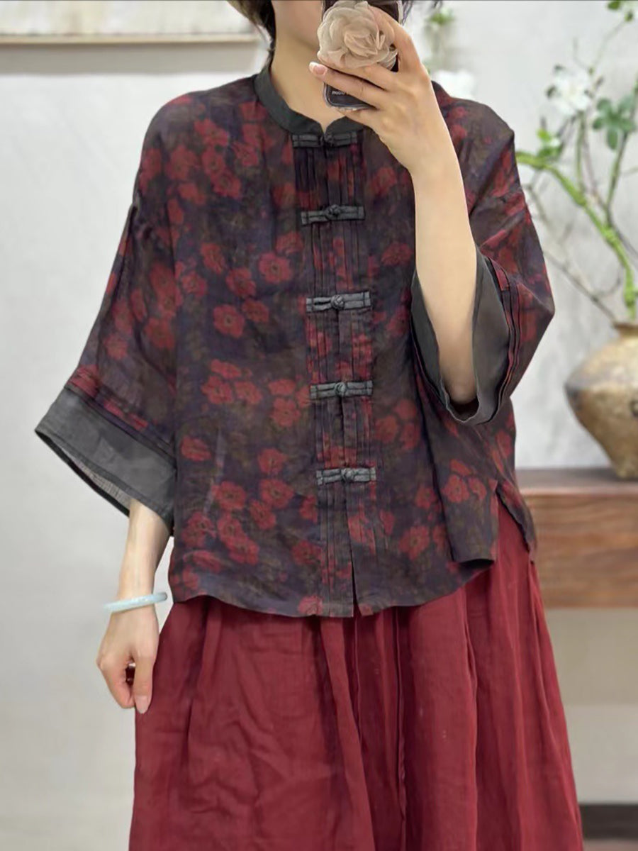 Women Summer Vintage Flower Spliced Button-Up Ramie Shirt IO1008