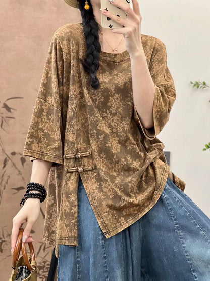 Women Summer Artsy Floral Split Hem Buckle Cotton Shirt IO1007