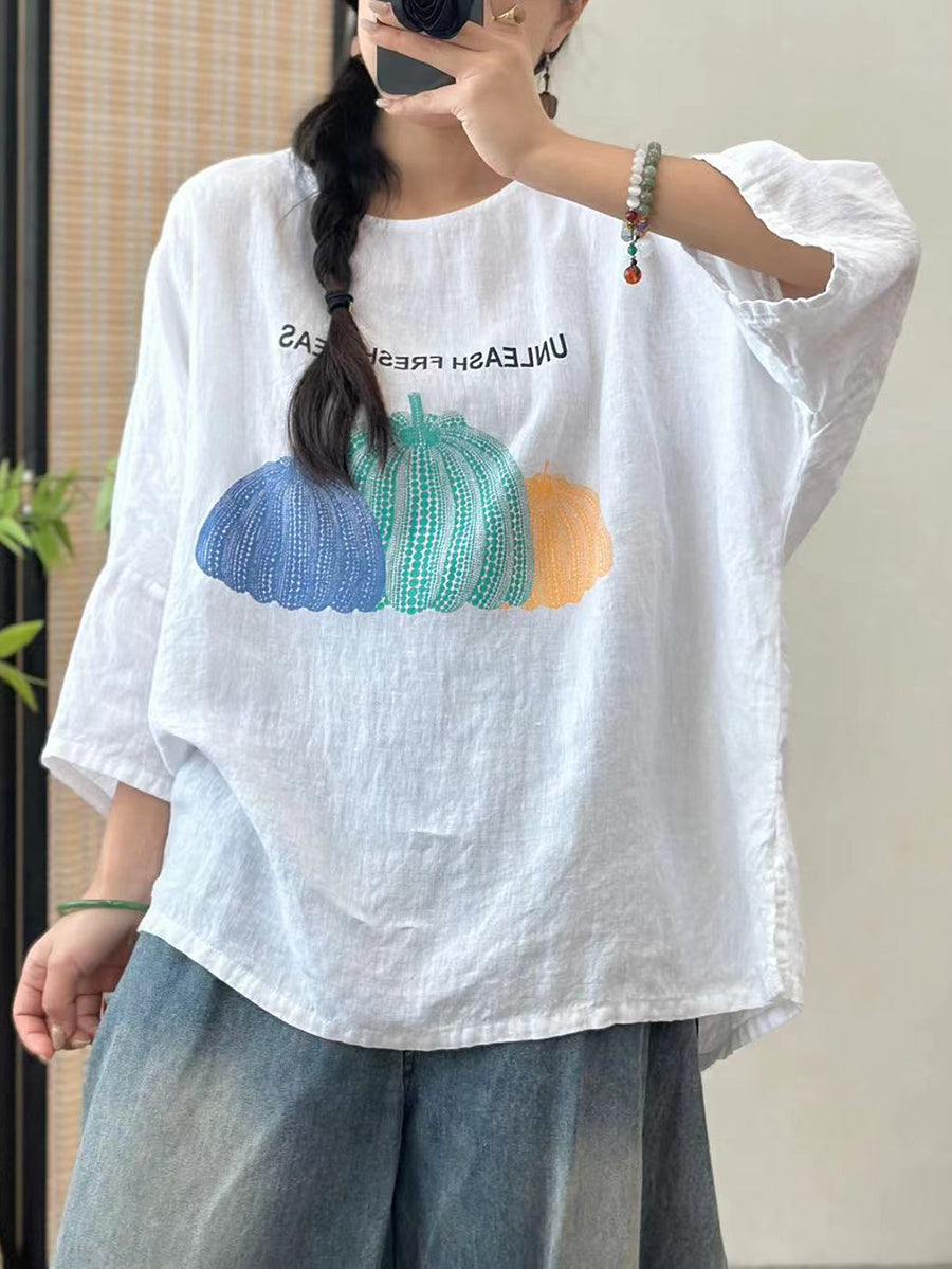 Women Summer Casual Pumpkin Print O-Neck Cotton Shirt IO1006