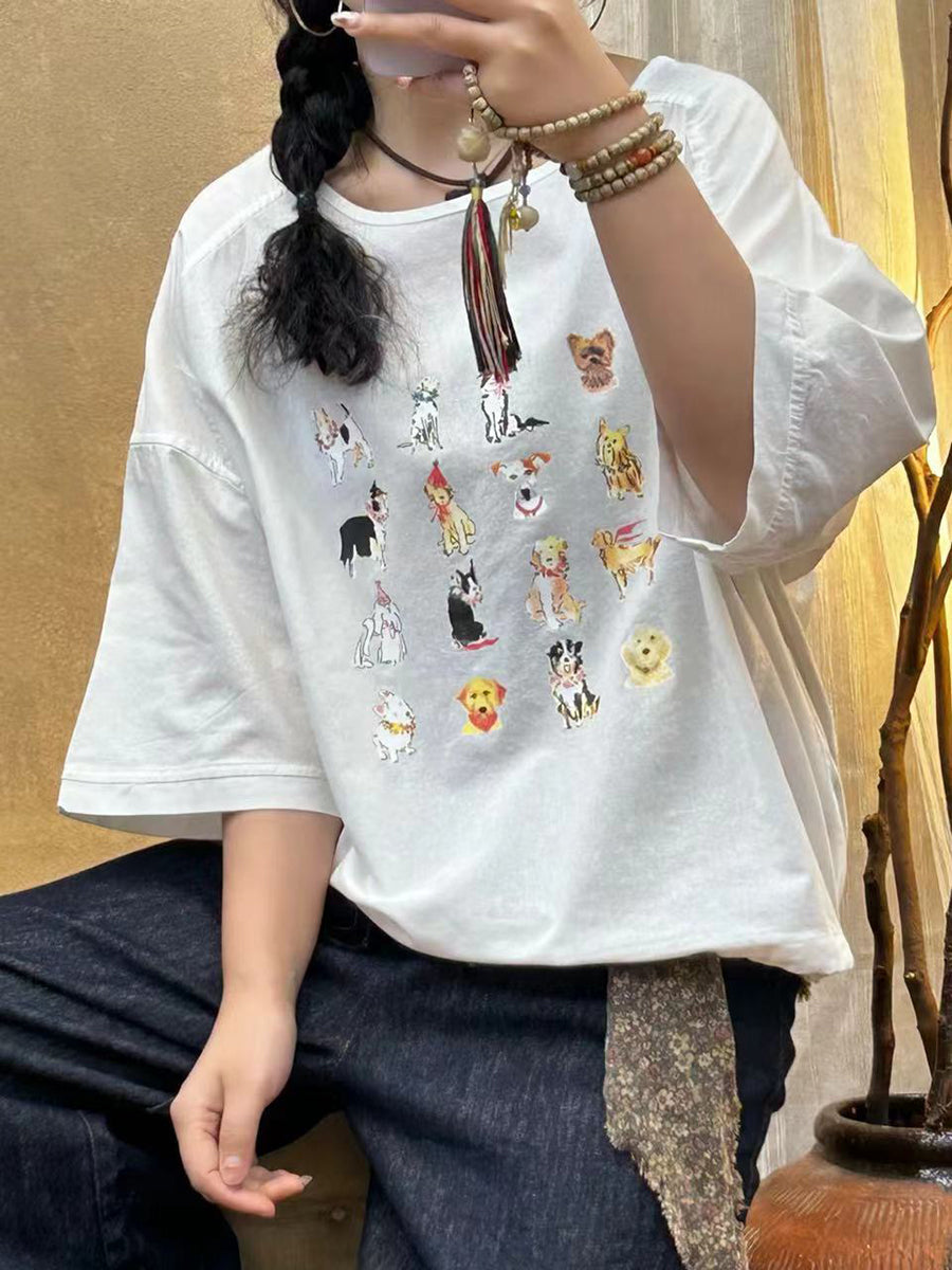 Women Summer Casual Cute Dogs Print Cotton Shirt IO1004