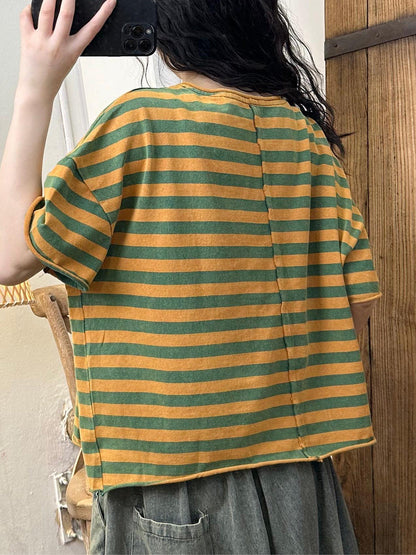 Women Summer Casual Stripe Cotton Pullover Shirt IO1003