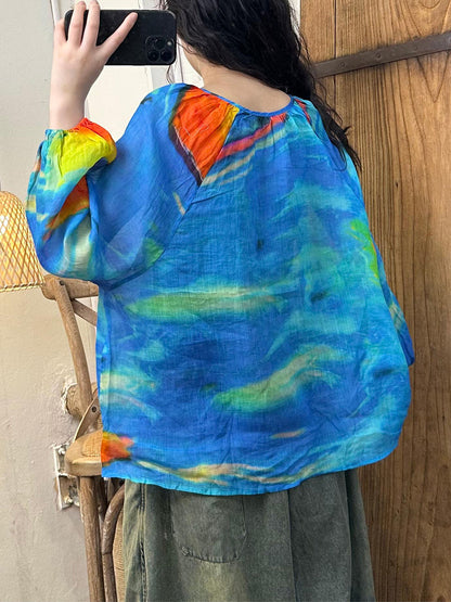 Women Summer Artsy Tie-dye Lantern Sleeve Ramie Shirt IO1002