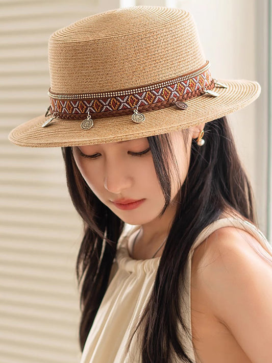 Women Summer Ethnic Straw Flat Top Travel Hat IO1026