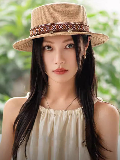 Women Summer Ethnic Straw Flat Top Travel Hat IO1026