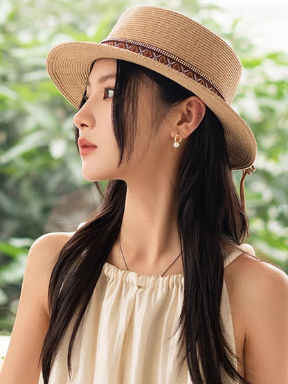 Women Summer Ethnic Straw Flat Top Travel Hat IO1026