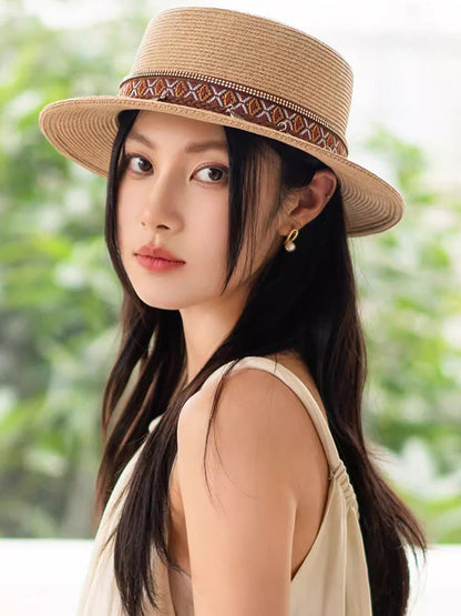 Women Summer Ethnic Straw Flat Top Travel Hat IO1026