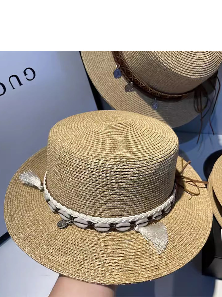 Women Summer Ethnic Straw Flat Top Travel Hat IO1026