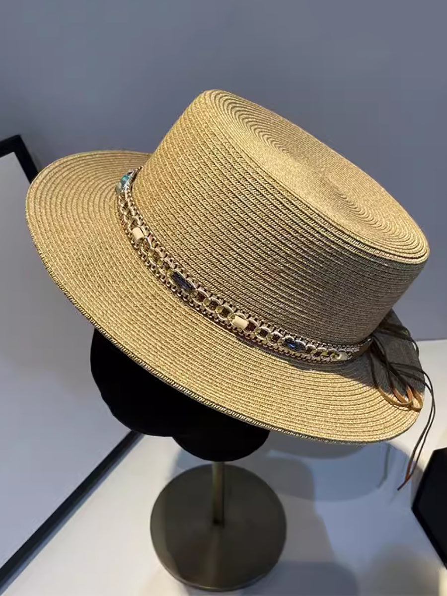 Women Summer Ethnic Straw Flat Top Travel Hat IO1026