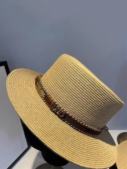 Women Summer Ethnic Straw Flat Top Travel Hat IO1026