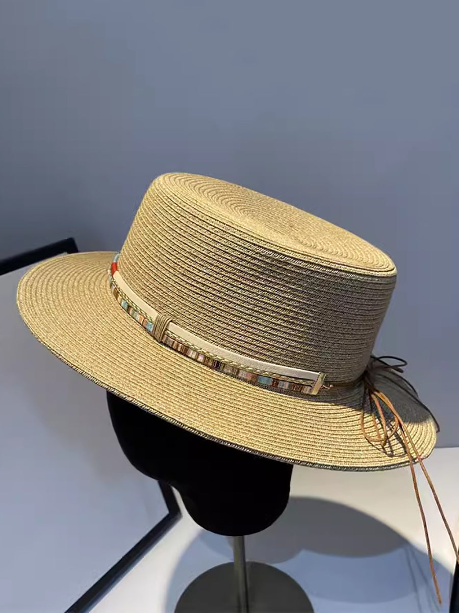 Women Summer Ethnic Straw Flat Top Travel Hat IO1026