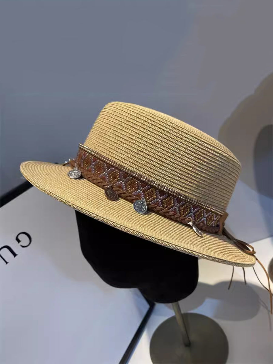 Women Summer Ethnic Straw Flat Top Travel Hat IO1026