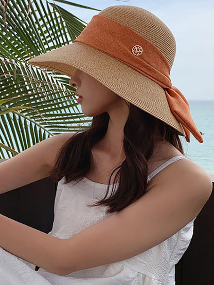 Women Summer Straw Colorblock Sunproof Travel Hat AH414