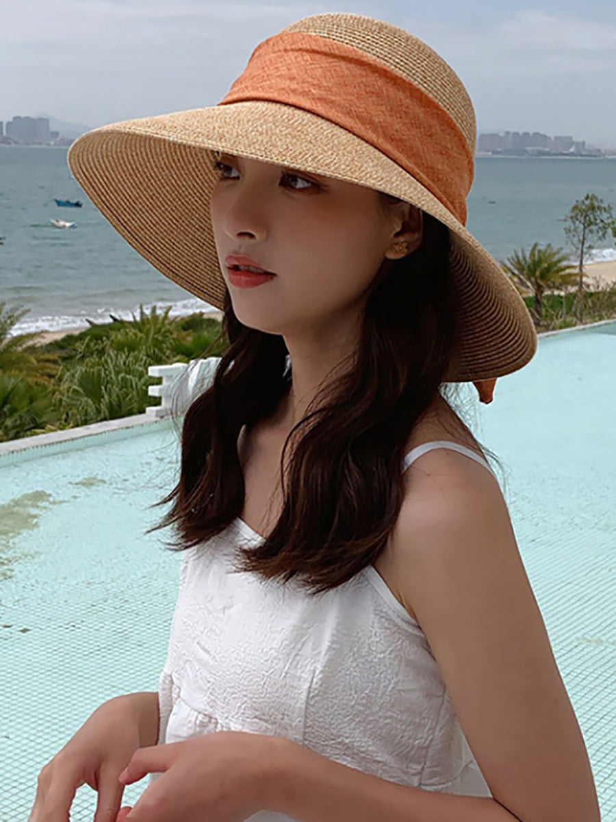 Women Summer Straw Colorblock Sunproof Travel Hat IO1025