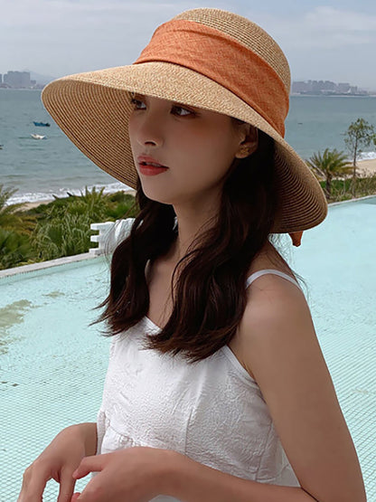 Women Summer Straw Colorblock Sunproof Travel Hat AH414