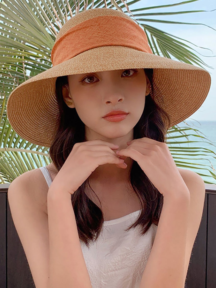 Women Summer Straw Colorblock Sunproof Travel Hat IO1025