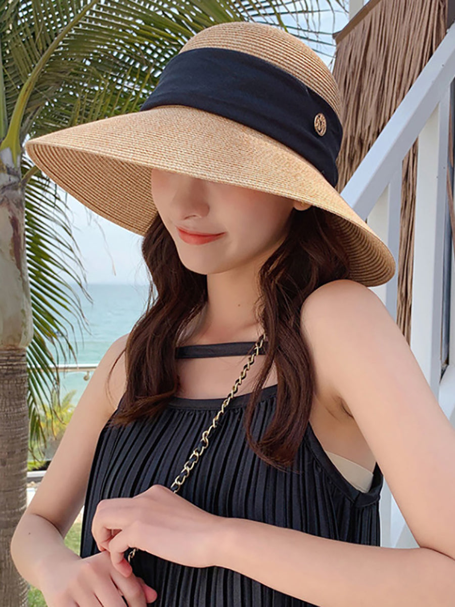 Women Summer Straw Colorblock Sunproof Travel Hat IO1025