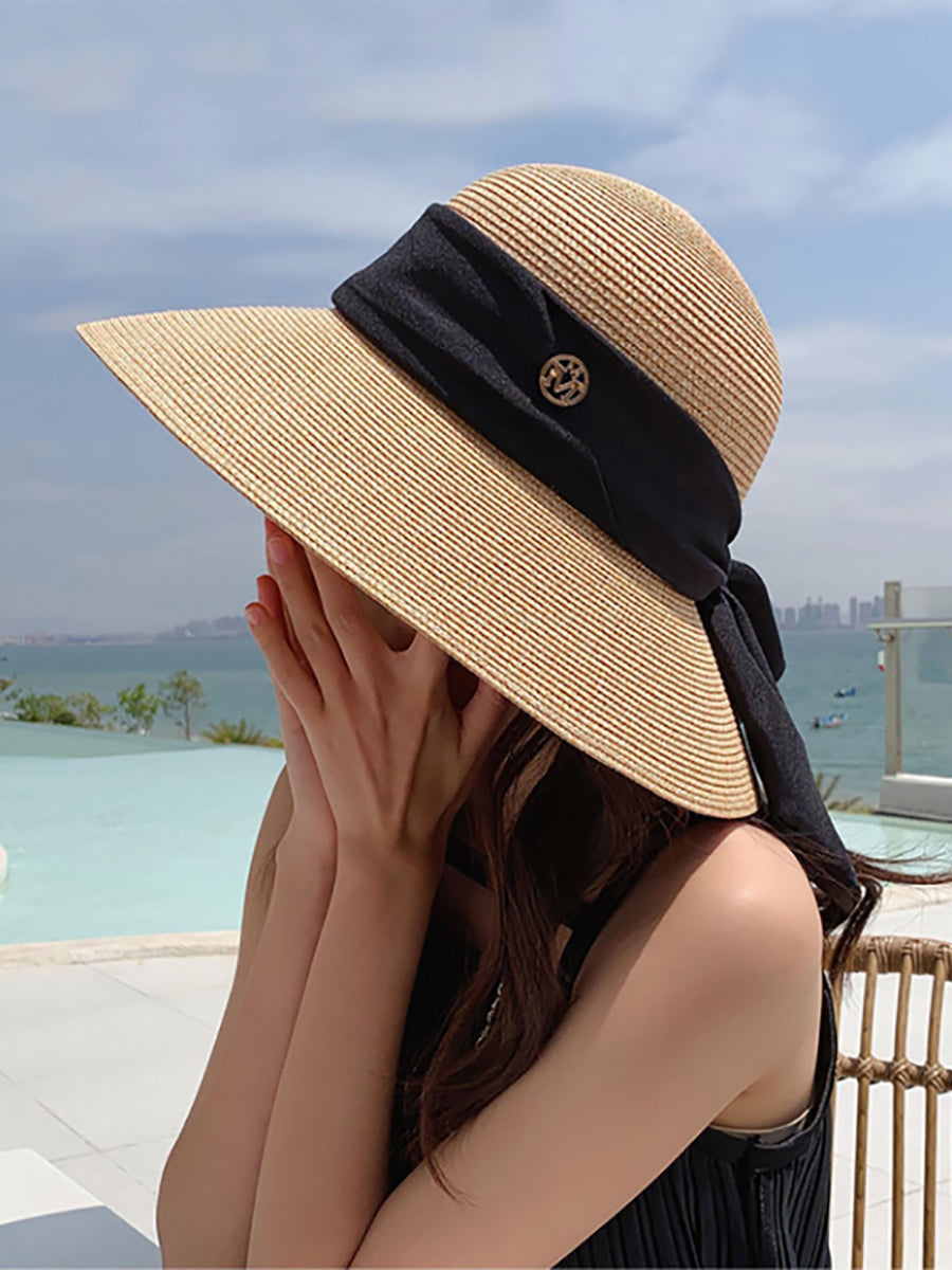 Women Summer Straw Colorblock Sunproof Travel Hat IO1025