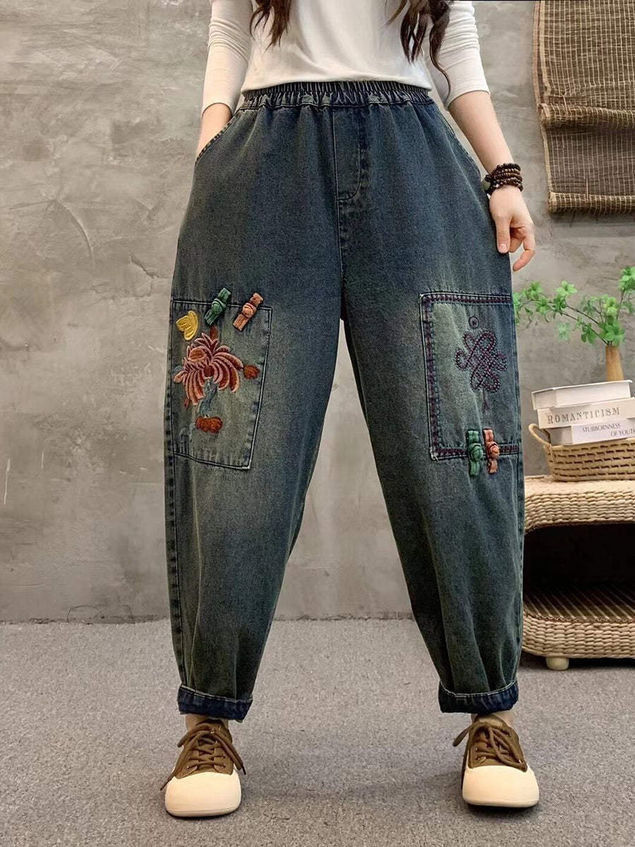 Pantalon sarouel en denim brodé de fleurs rétro pour femme IO1021