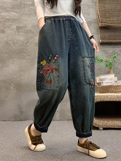 Women Summer Retro Flower Embroidery Denim Harem Pants IO1021