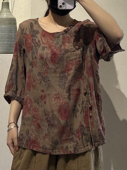 Women Summer Vintage Floral Strap Cotton Shirt IO1019