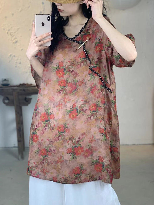 Chemise longue en ramie à col en V et à fleurs vintage pour femme IO1017