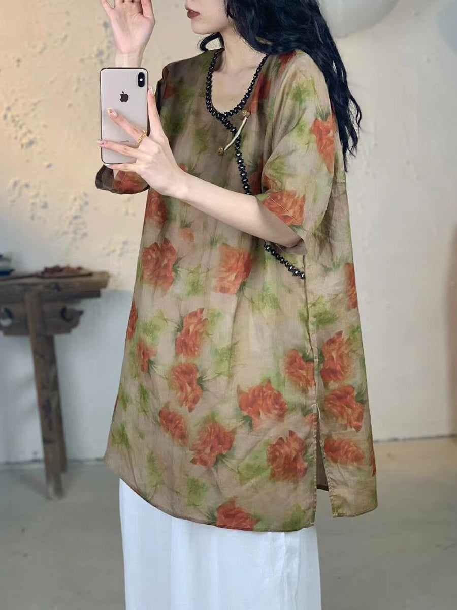 Women Summer Vintage Flower V-Neck Long Ramie Shirt IO1017