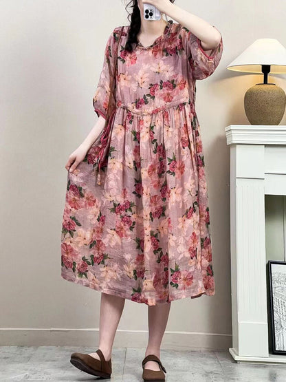 Women Summer Vintage Floral Strap Ramie Dress IO1016