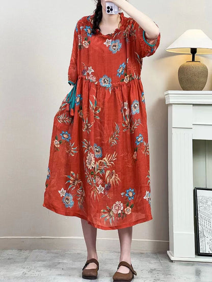 Women Summer Vintage Floral Strap Ramie Dress IO1016