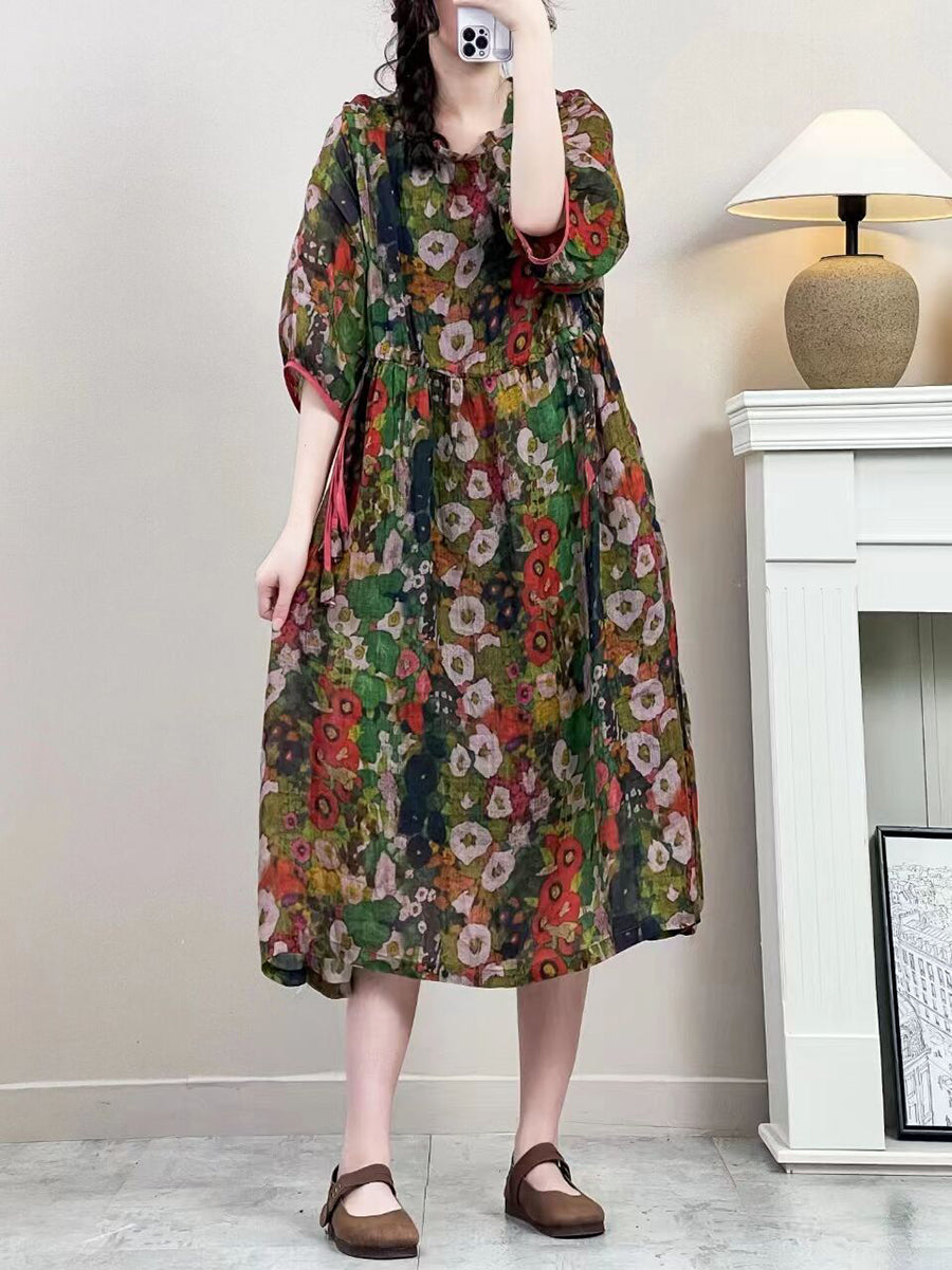 Robe d'été vintage à bretelles florales en ramie pour femmes IO1016