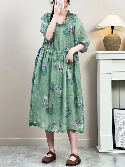 Women Summer Vintage Floral Strap Ramie Dress IO1016