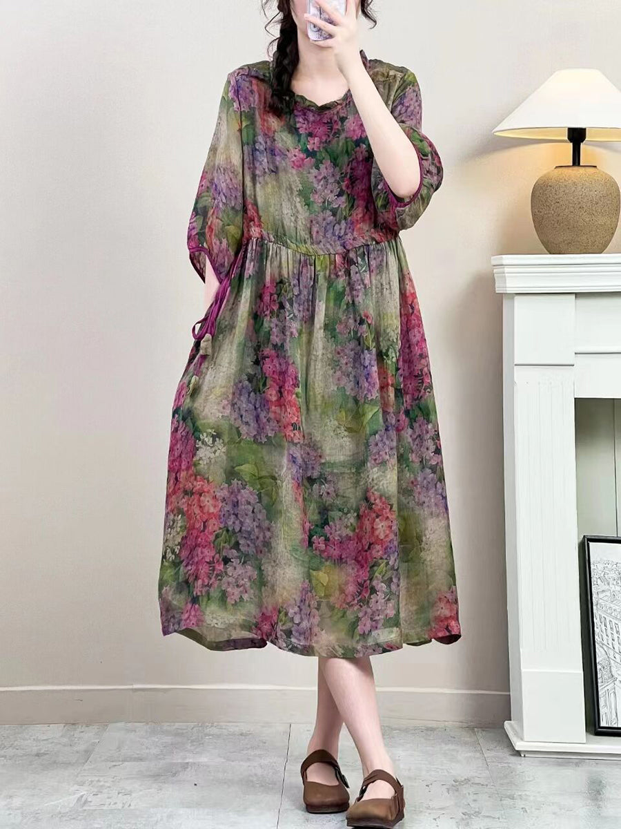 Robe d'été vintage à bretelles florales en ramie pour femmes IO1016