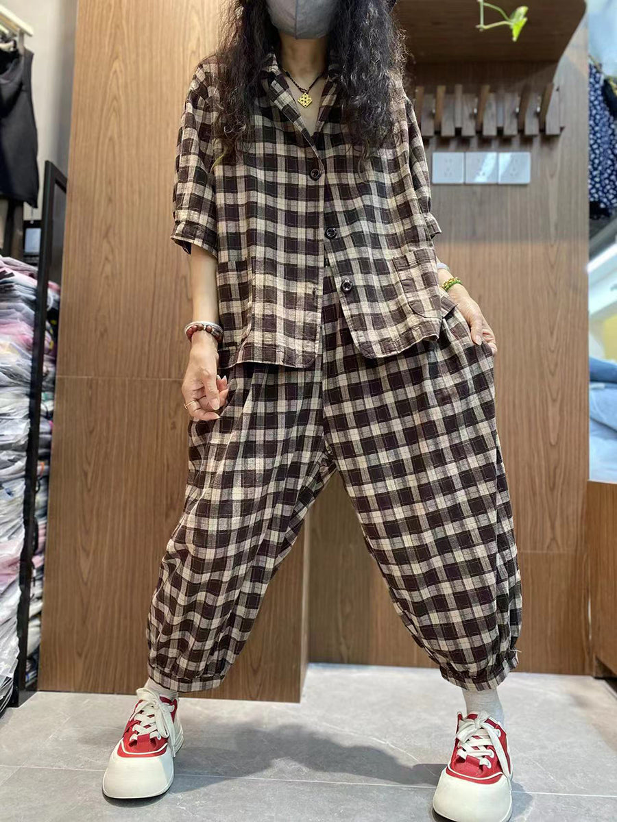 Plus Size Women Vintage Plaid 100%Cotton Summer Suits IO1032