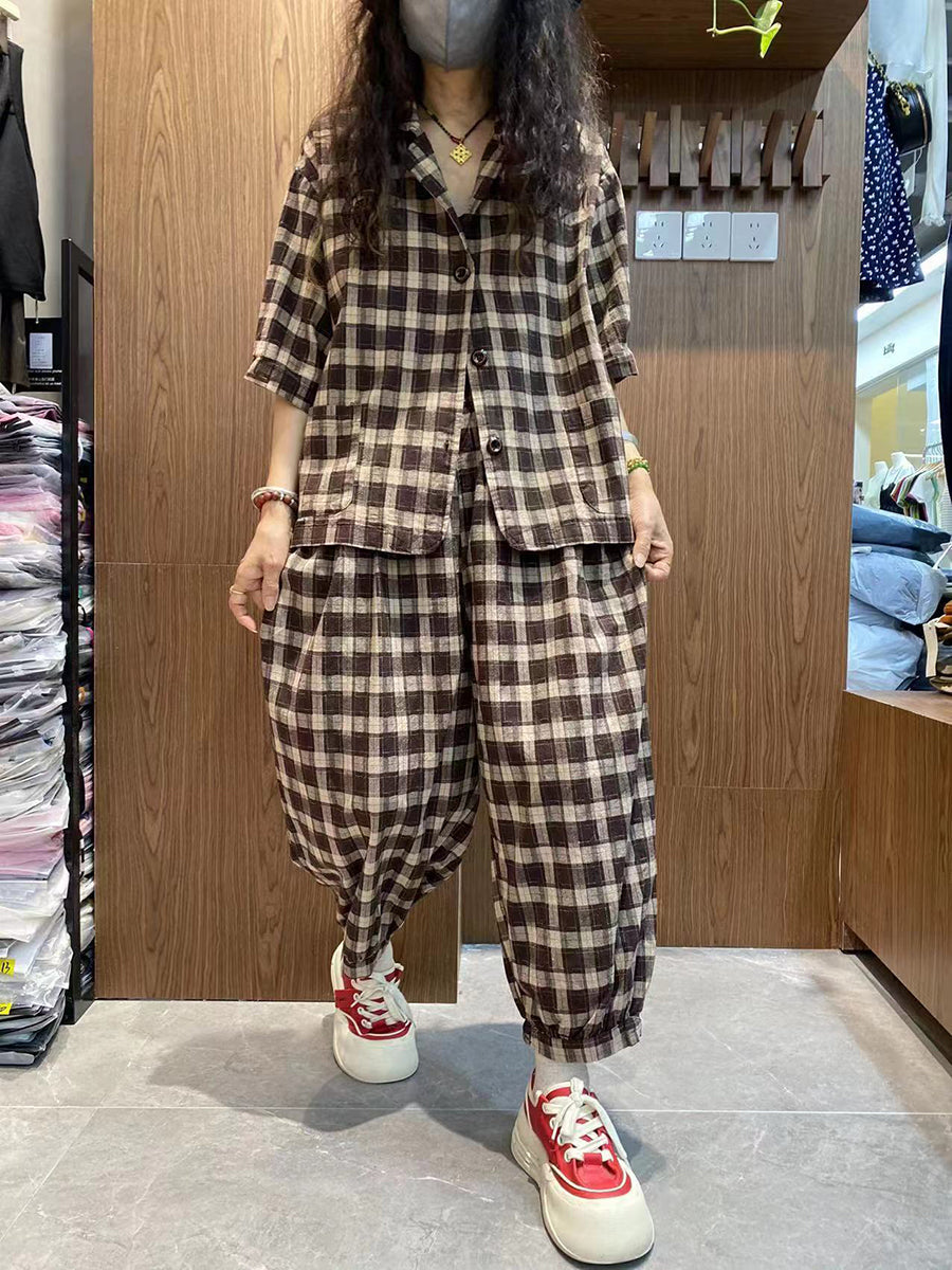 Plus Size Women Vintage Plaid 100%Cotton Summer Suits IO1032