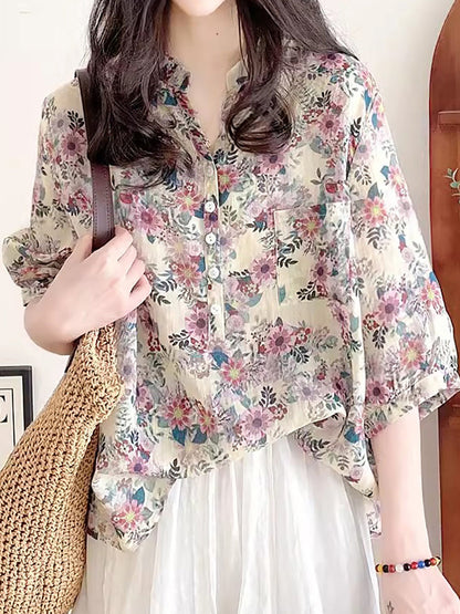 Women Summer Artsy Flower Ramie V-Neck Shirt AS1031