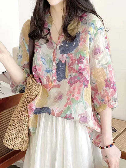 Women Summer Artsy Flower Ramie V-Neck Shirt AS1031