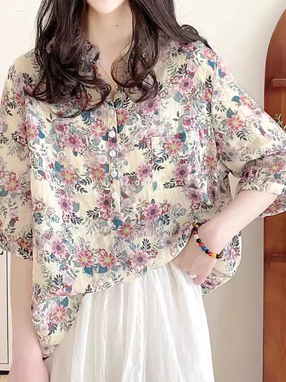 Women Summer Artsy Flower Ramie V-Neck Shirt AS1031