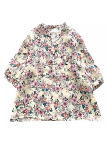 Women Summer Artsy Flower Ramie V-Neck Shirt AS1031