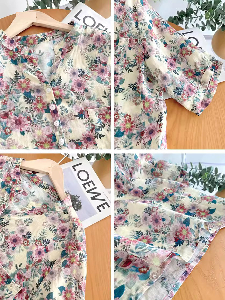 Chemise d'été à col en V en ramie à fleurs artistiques pour femmes AS1031