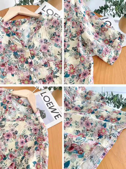 Women Summer Artsy Flower Ramie V-Neck Shirt AS1031