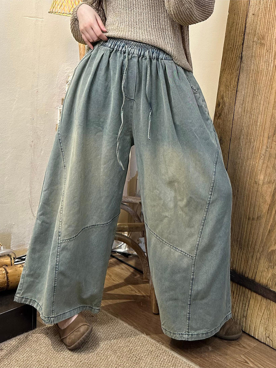 Women Summer Retro Spliced Denim Wide-leg Pants AS1002